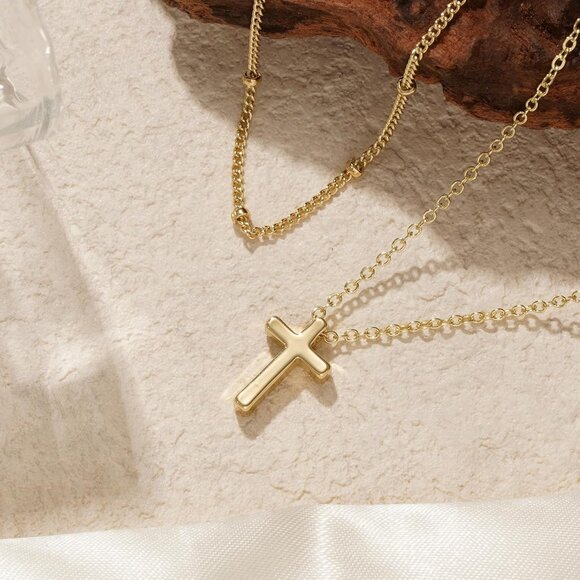 Hypoallergenic Layered Beaded Cross Necklace - Gold Plated with CZ Accents - Picture 6 of 7